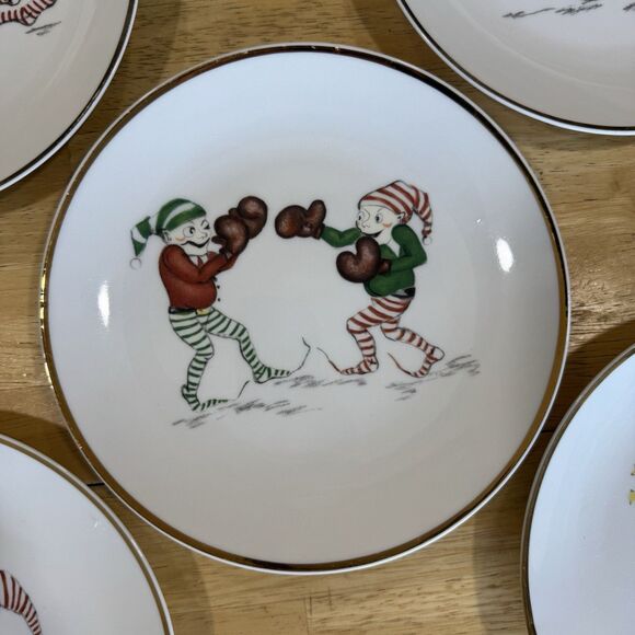 Restoration Hardware Naughty Elf Set 5 Appetizer Salad Plates Vintage Christmas - Picture 5 of 12